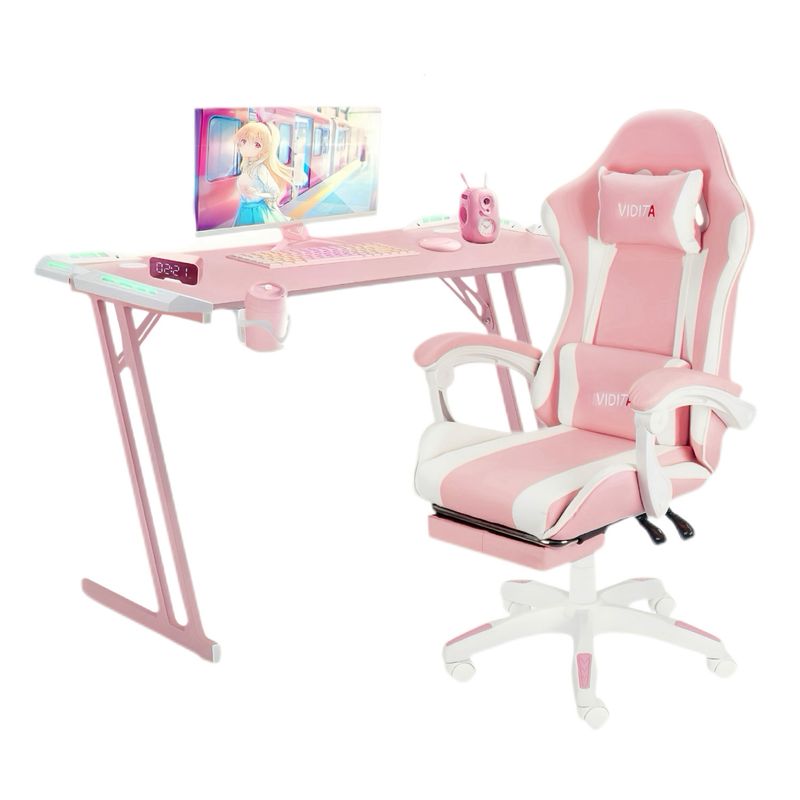 VIDITA - Juego Silla Gamer Con Reposapiés y Escritorio Gamer RGB 120cm Rosado-