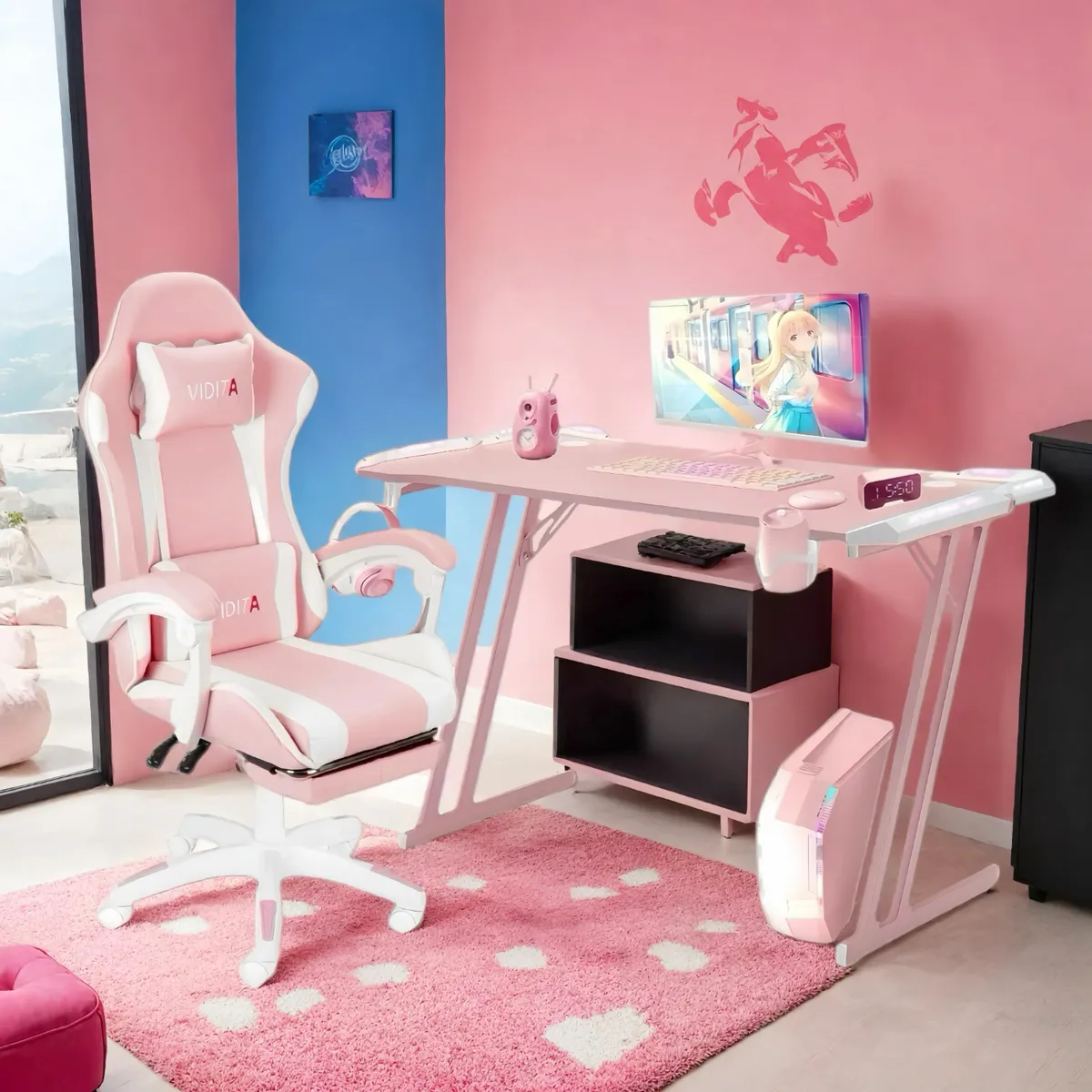 VIDITA - Juego Silla Gamer Con Reposapiés y Escritorio Gamer RGB 120cm Rosado-