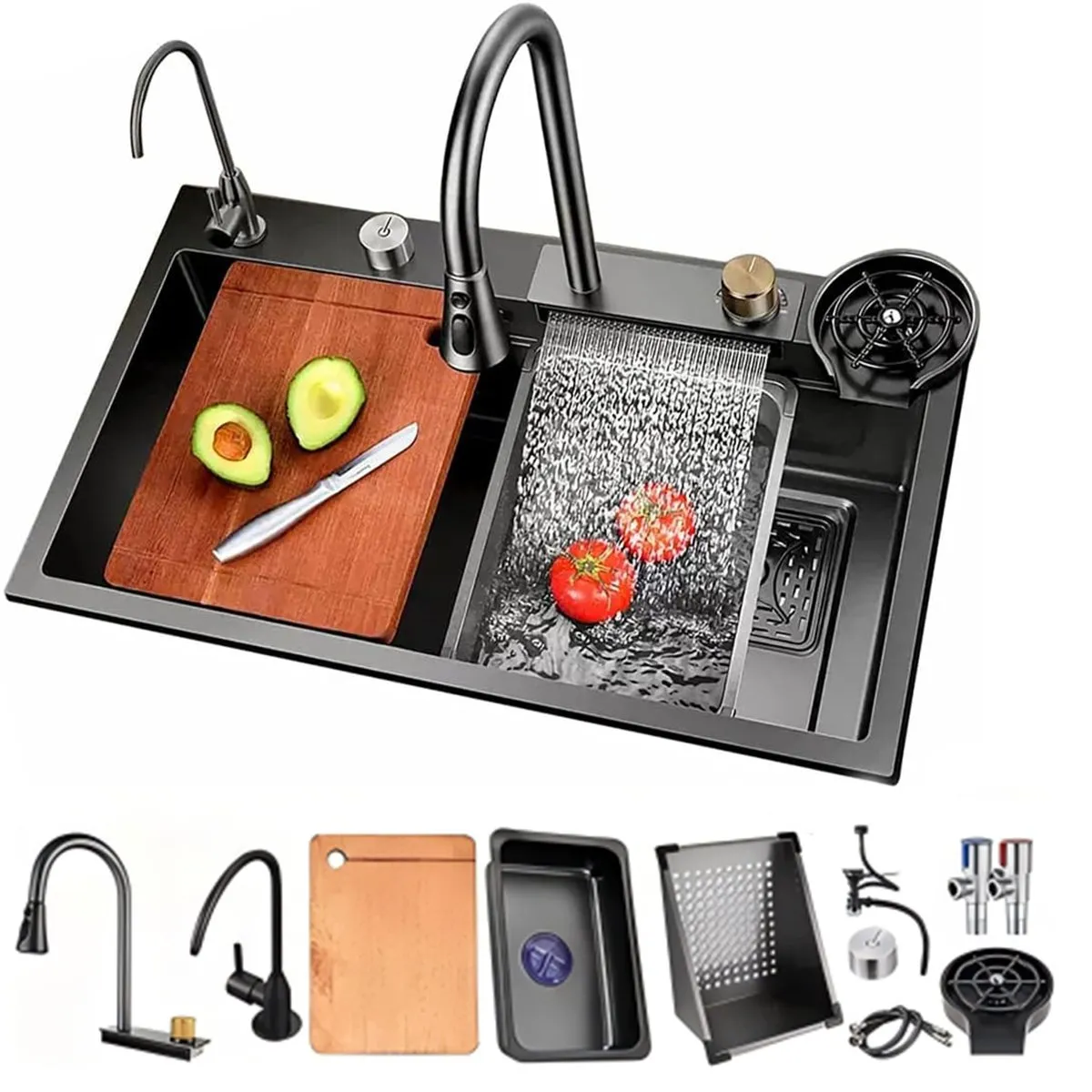 KUANGYE - Lavaplatos Doble Inoxidable Negro 75x45 + Llave + Accesorios