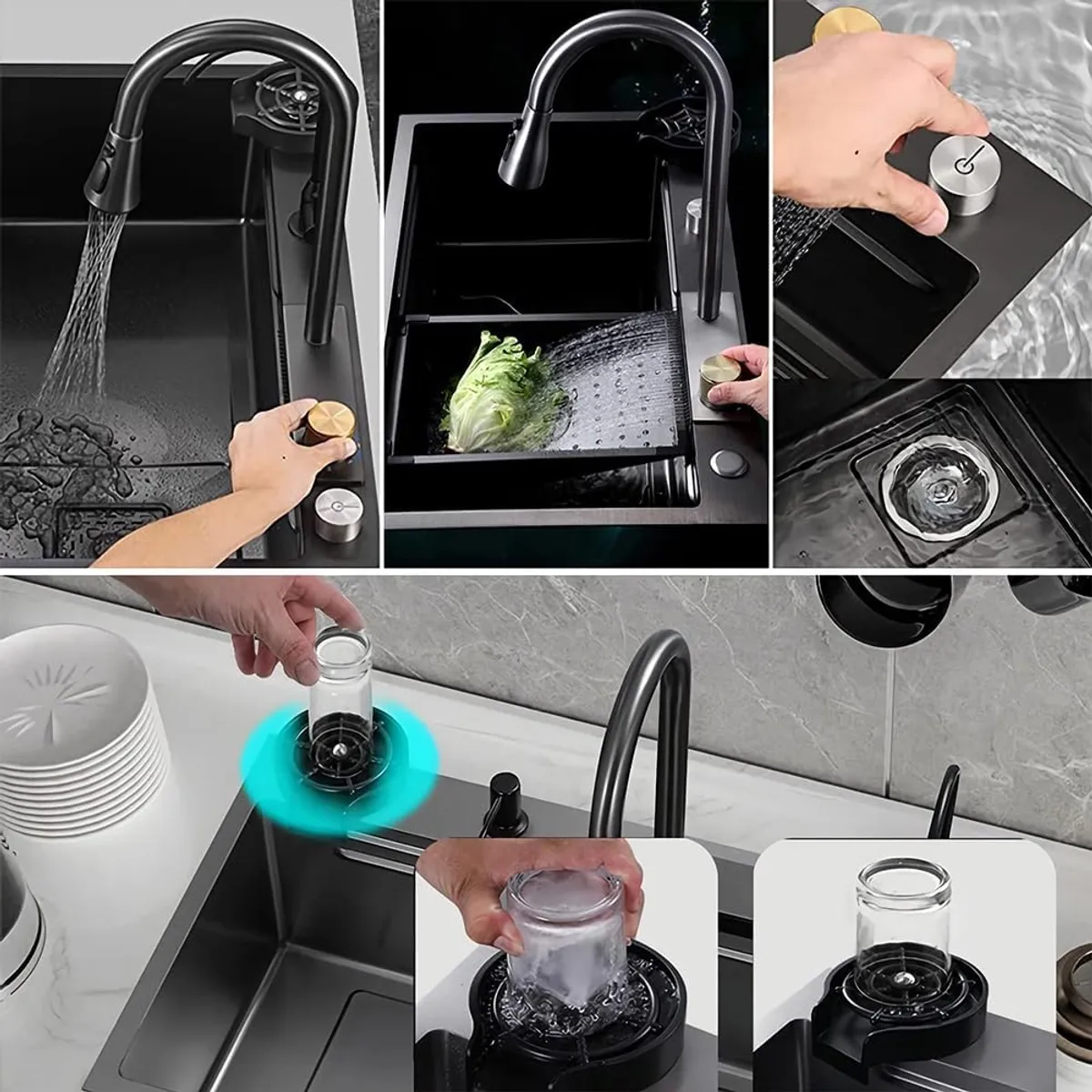 KUANGYE - Lavaplatos Doble Inoxidable Negro 75x45 + Llave + Accesorios