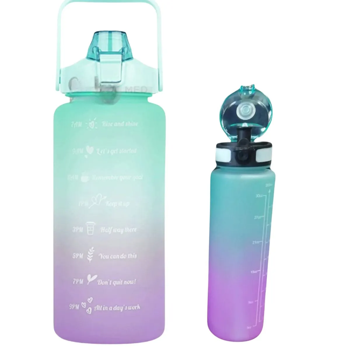 GENERICO - Pack 2 Botellas Agua Motivacionales 2L y 900mL Morado Turquesa