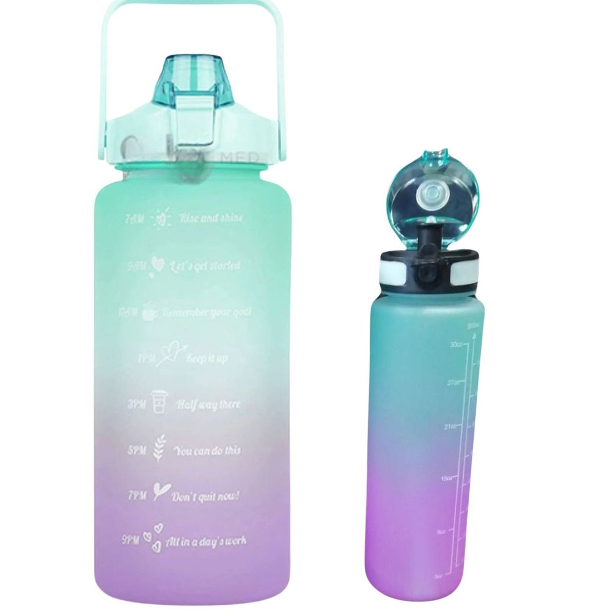 GENERICO - Pack 2 Botellas Agua Motivacionales 2L y 900mL Morado Turquesa