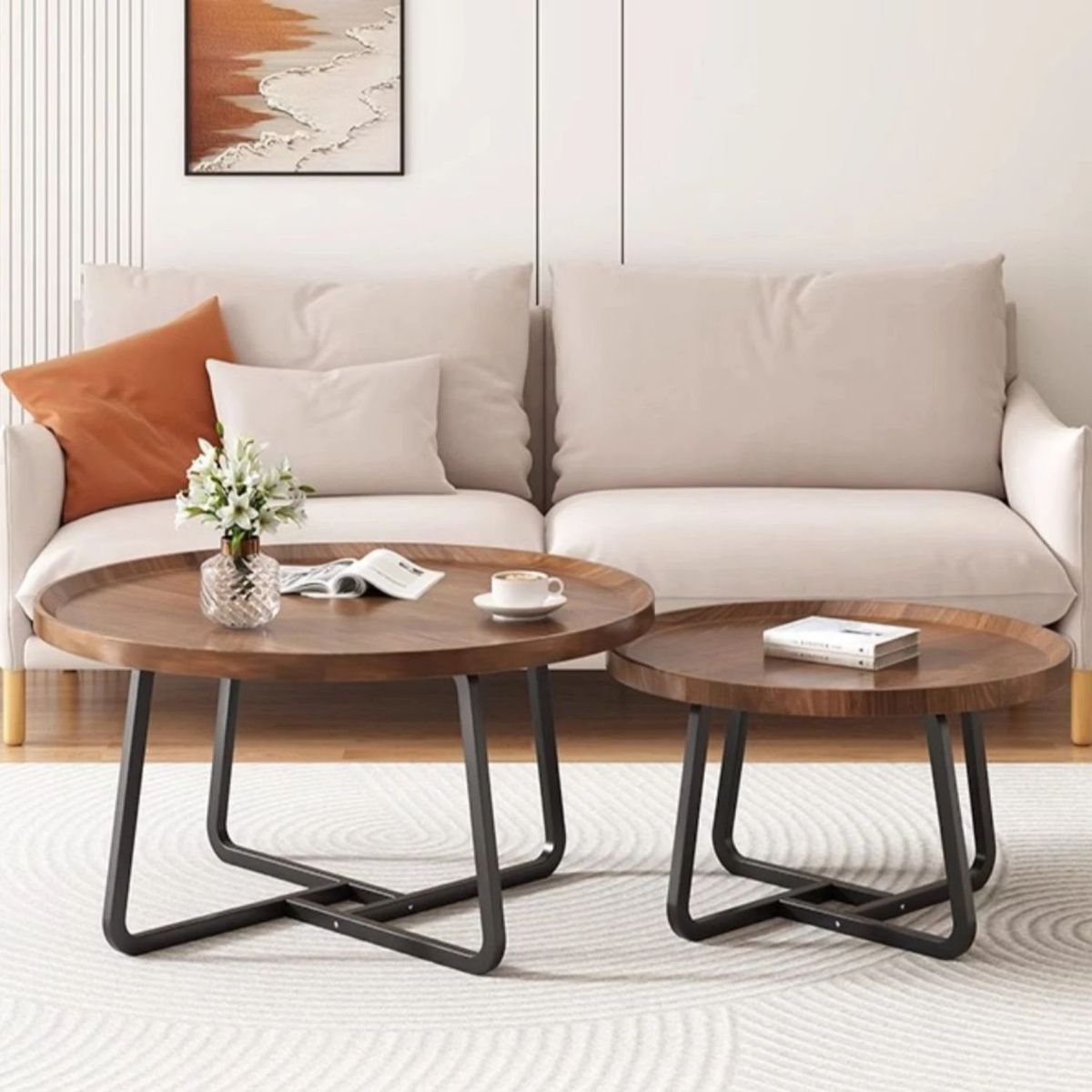 SANTU HOME & DECO - Mesas De Centro Anidada Doble Madera Y Metal Café