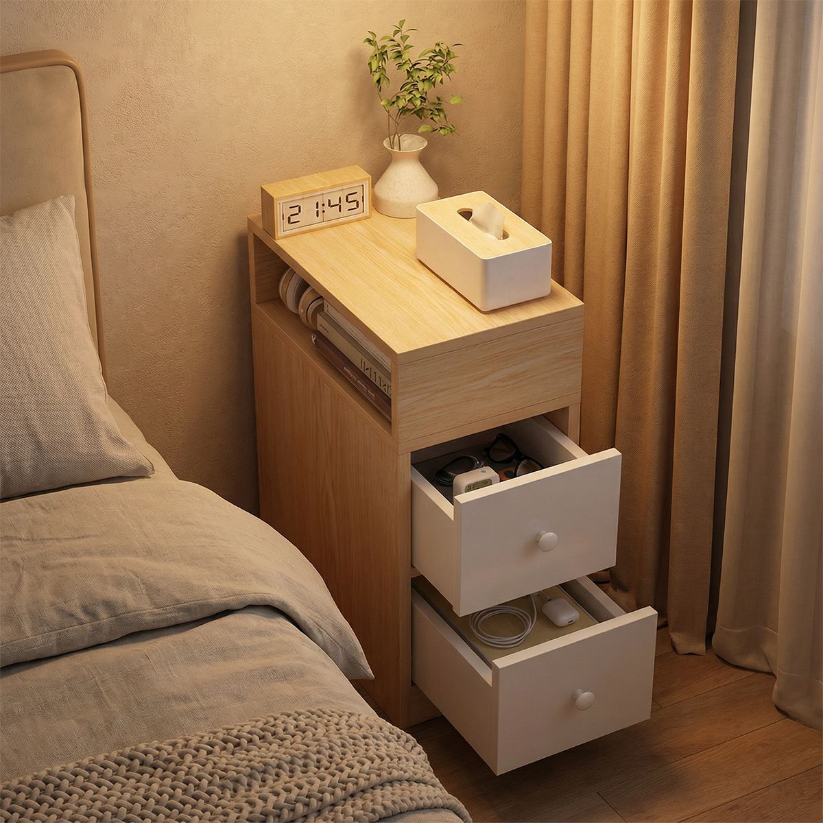 SANTU HOME & DECO - Organizador Lateral Doble Cajón Velador Compacto