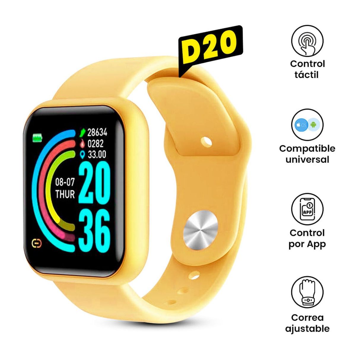 UNIVERSAL - Reloj D20 Inteligente Smartwatch Amarillo 2024