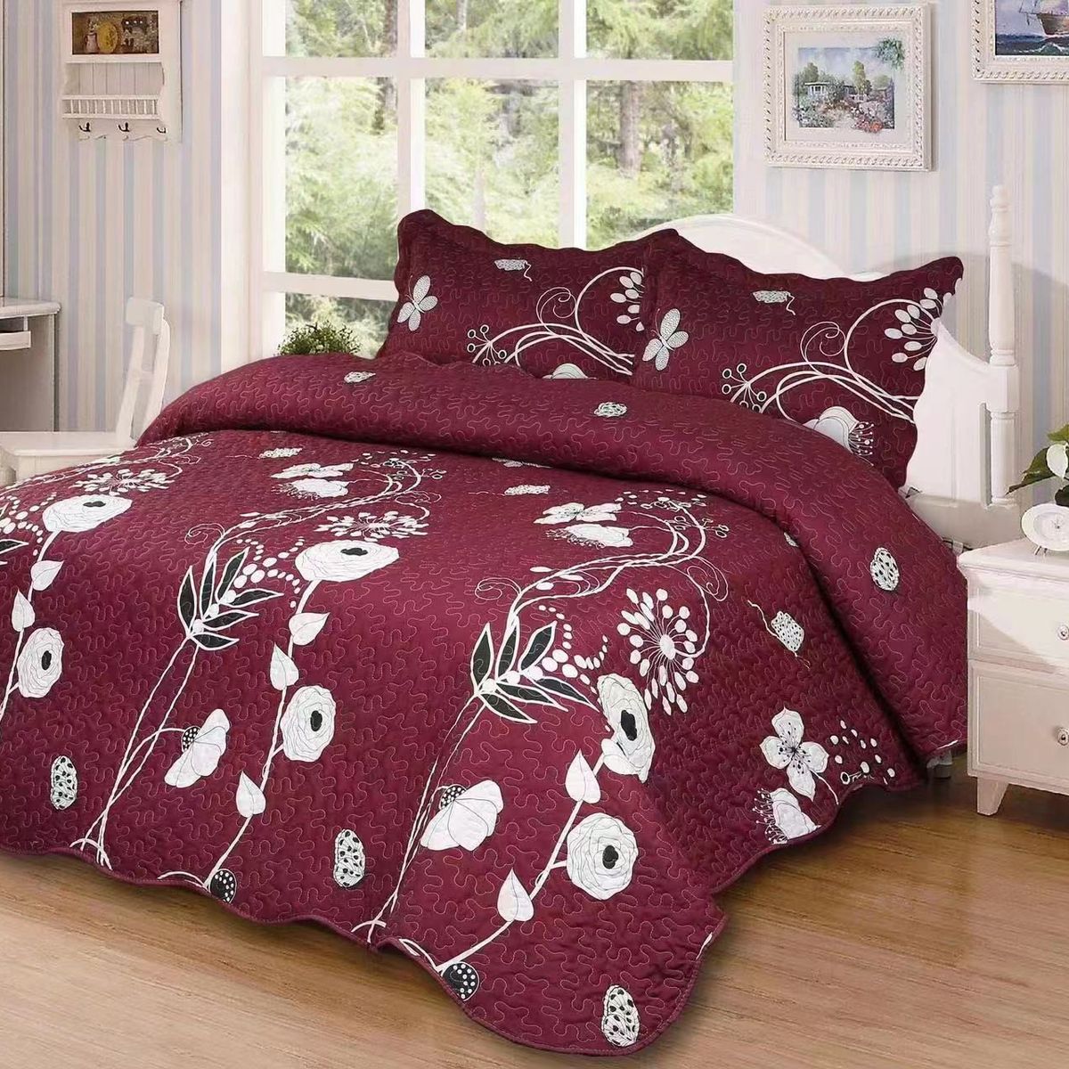 GENERICO - CUBRECAMA QUILT DE VERANO 1.5 PLAZA DISEÑO VIOLETA FLOR BLANCA TF