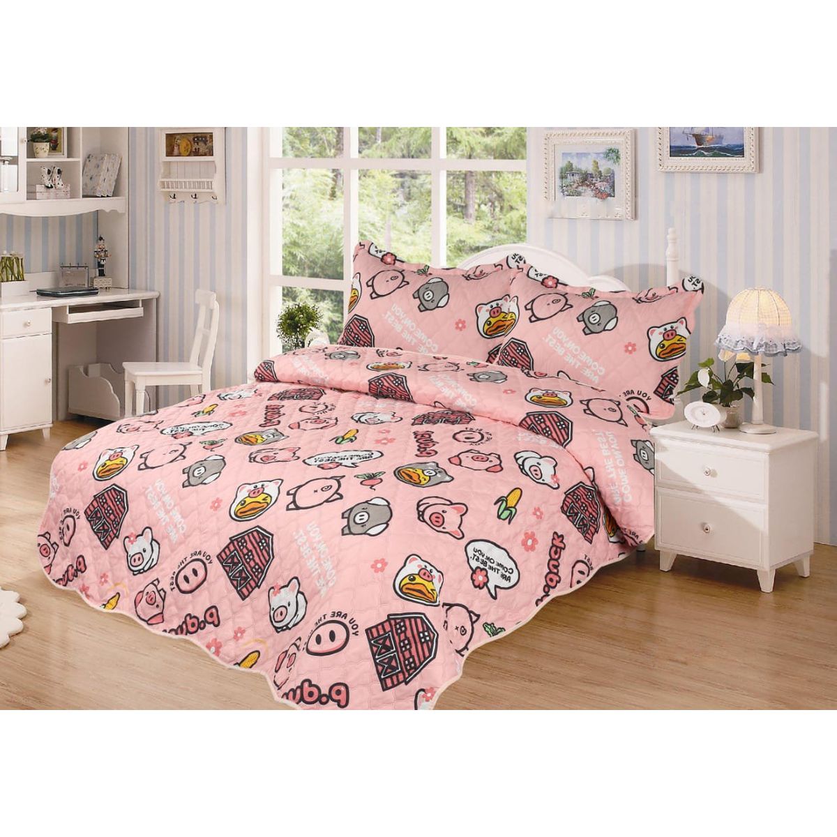 GENERICO - CUBRECAMA QUILT DE VERANO 1.5 PLAZA DISEÑO ROSA PICK TF