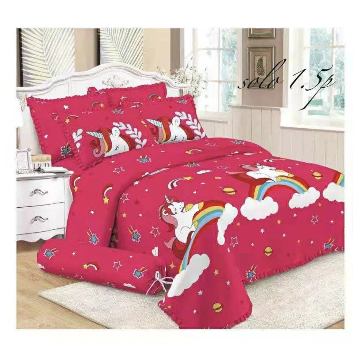 GENERICO - CUBRECAMA QUILT DE VERANO 1.5 PLAZA DISEÑO FUCSIA UNICORNIO TF
