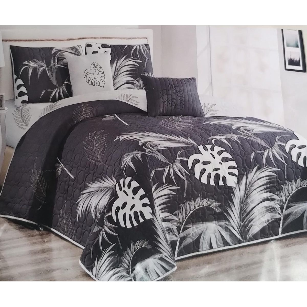 GENERICO - CUBRECAMA QUILT DE VERANO 1.5 PLAZA DISEÑO GRIS HOJAS TF