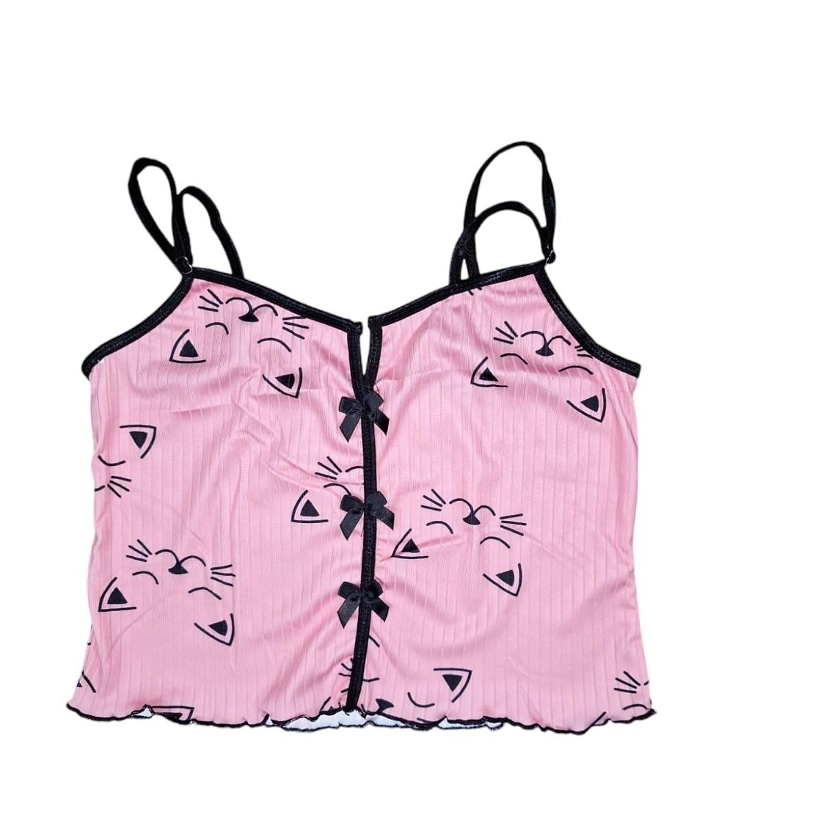 GARSIL - Conjunto Pijama Corto y Sensual Mujer - Peto Y  Short Con Diseño Gato