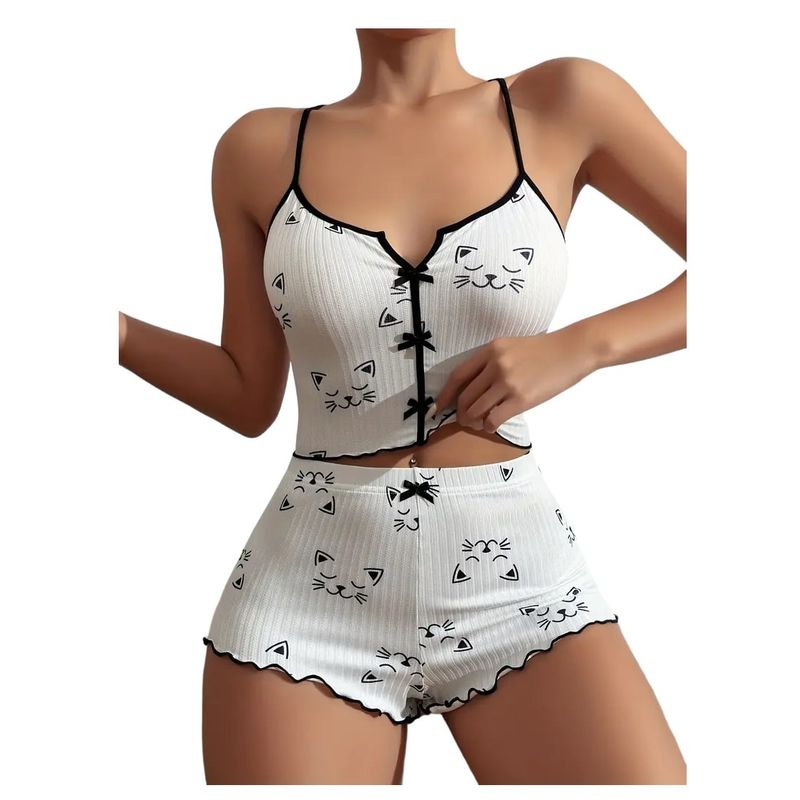 GARSIL - Conjunto Pijama Corto y Sensual Mujer - Peto Y  Short Con Diseño Gato
