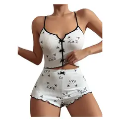 GARSIL - Conjunto Pijama Corto y Sensual Mujer - Peto Y Short Con Diseño Gato