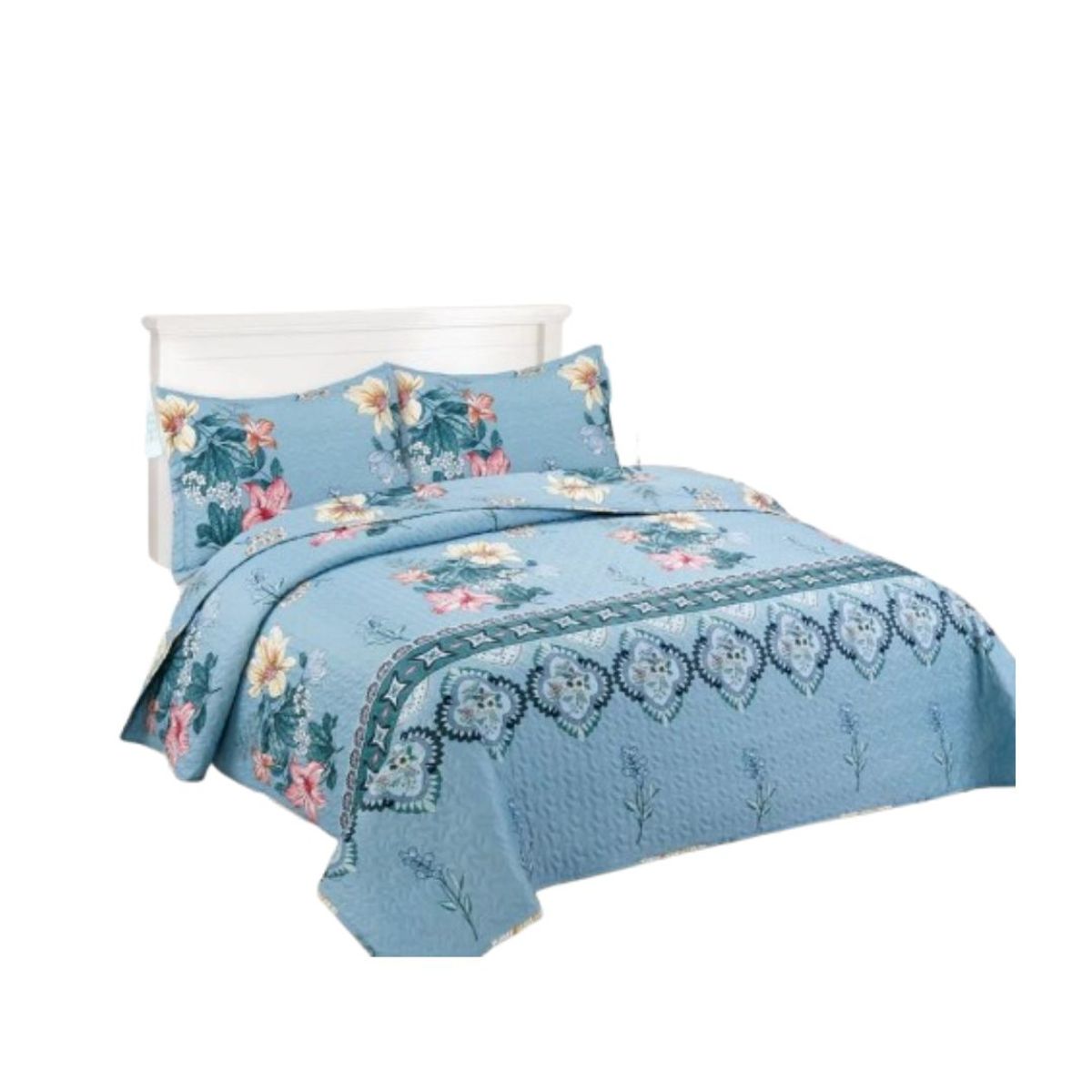 GENERICO - Cubrecama Quilt Verano King - Celeste Flores XF70