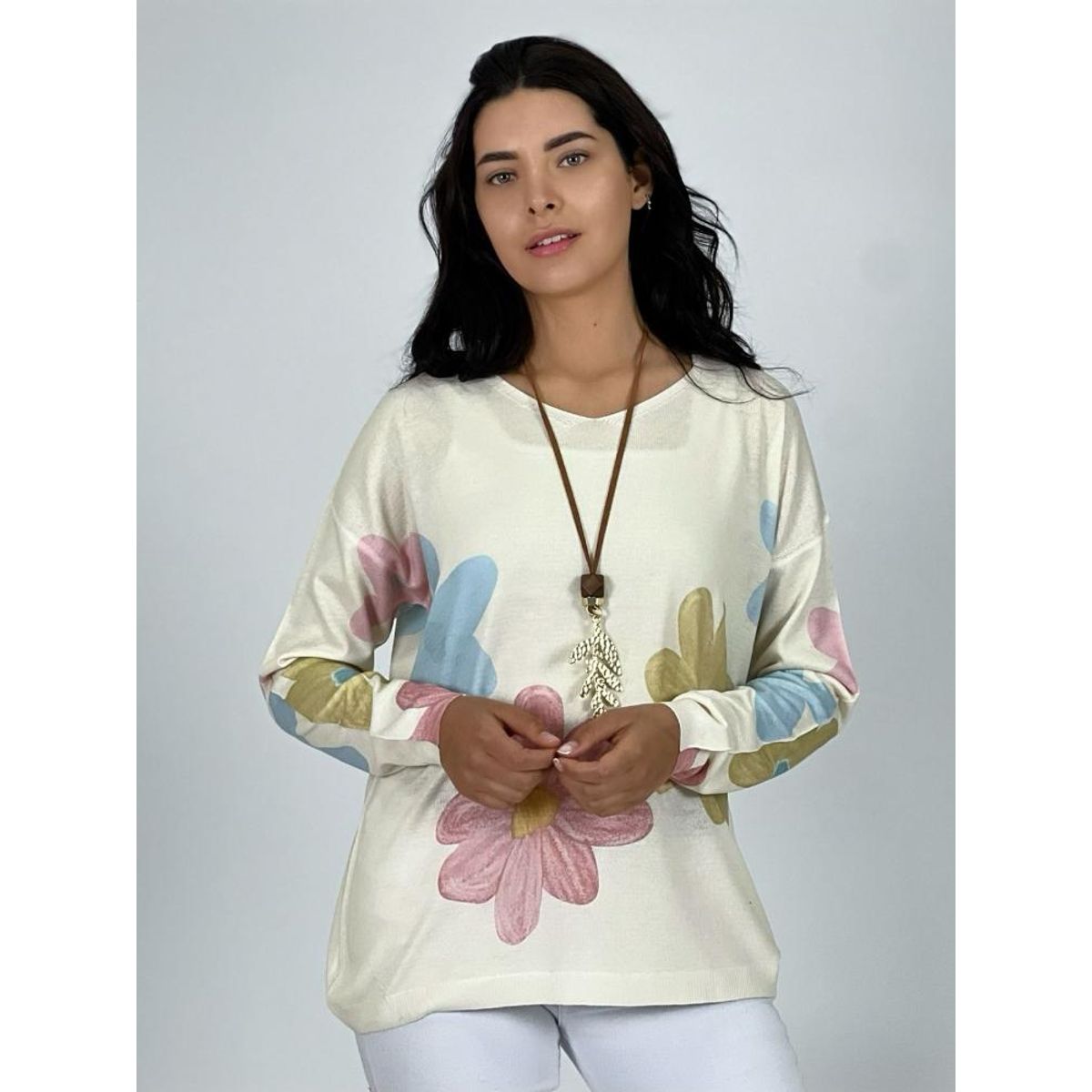 ENIGMATICA BOUTIQUE - Sweater de Hilo con Flores - Gris - Tamaño Único