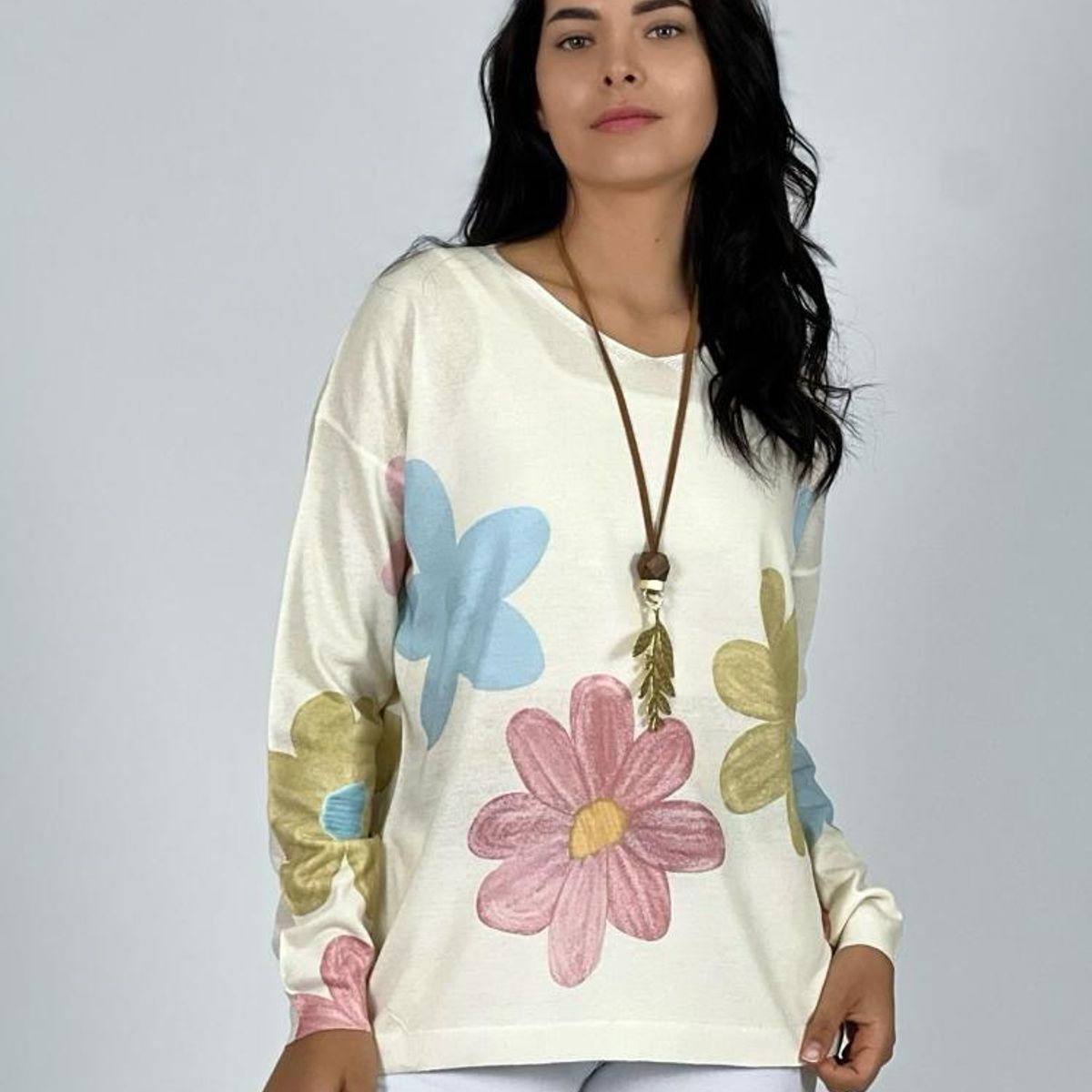 ENIGMATICA BOUTIQUE - Sweater de Hilo con Flores - Gris - Tamaño Único