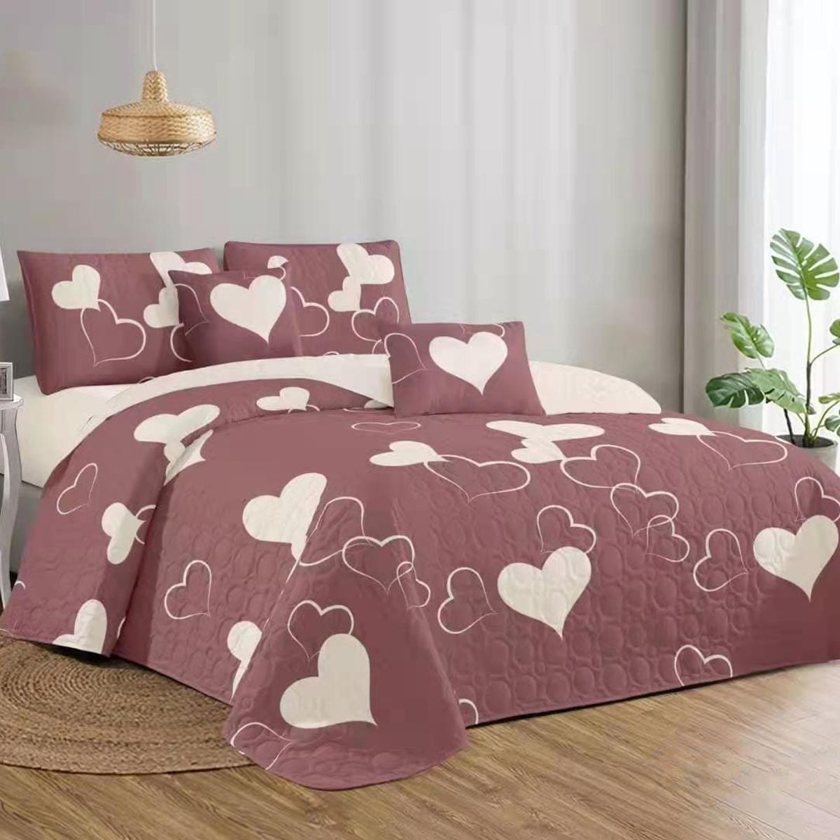GENERICO - CUBRECAMA QUILT DE VERANO KING DISEÑO ROSA CORAZONES TF