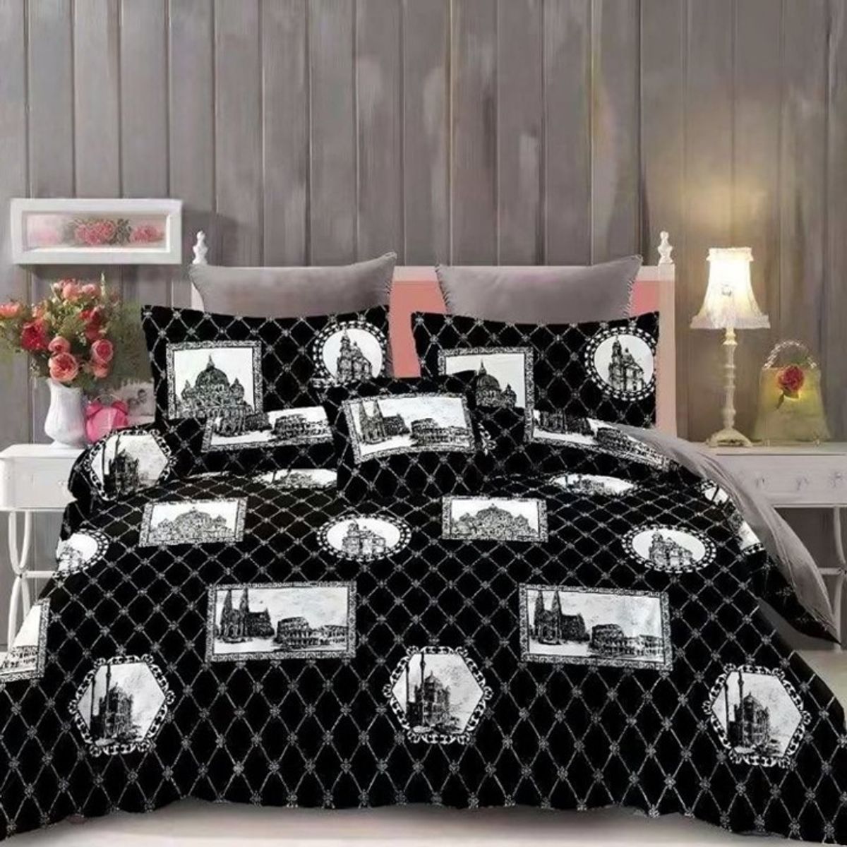 GENERICO - CUBRECAMA QUILT DE VERANO KING DISEÑO NEGRO RETRATO TF