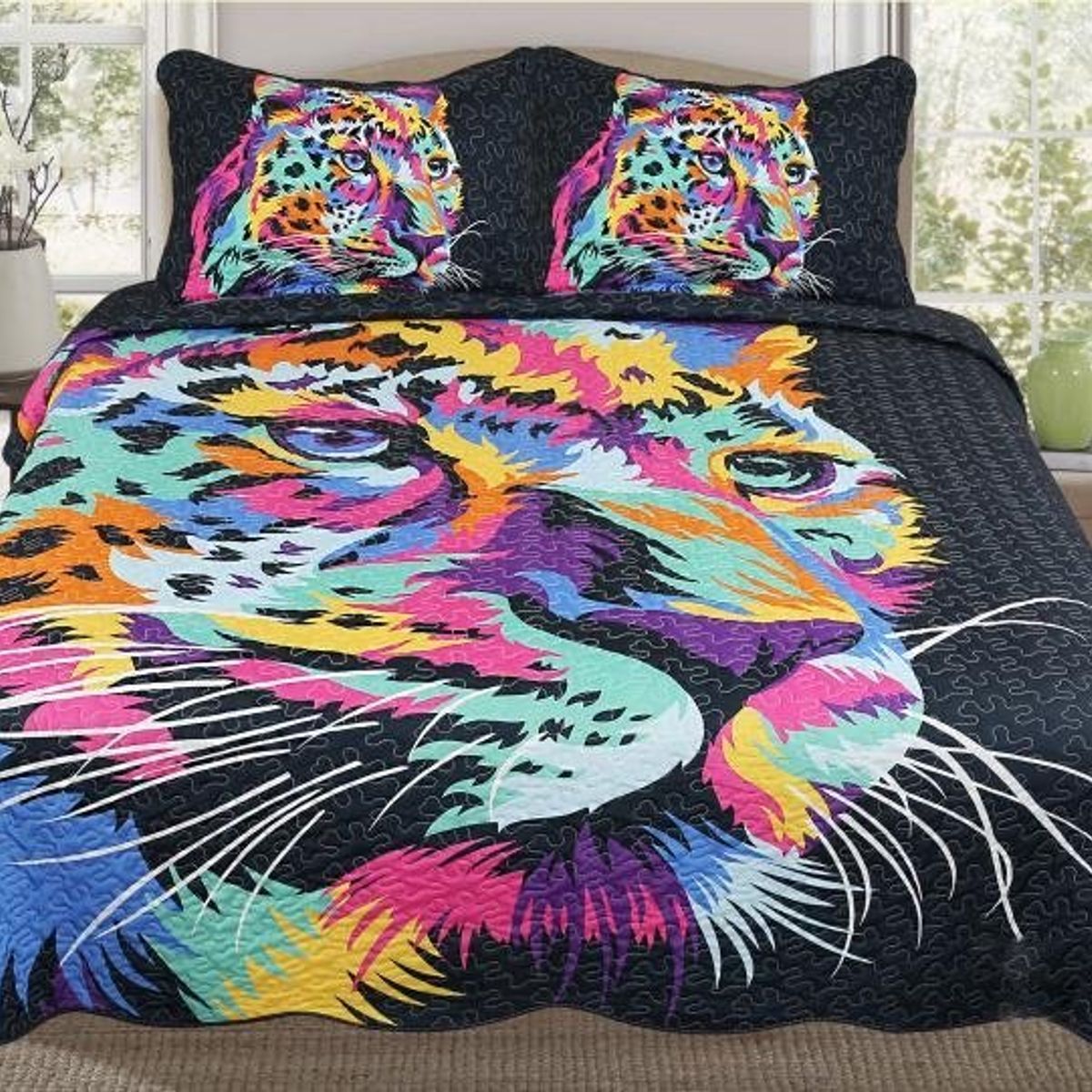 GENERICO - CUBRECAMA QUILT DE VERANO KING DISEÑO NEGRO TIGRE TF