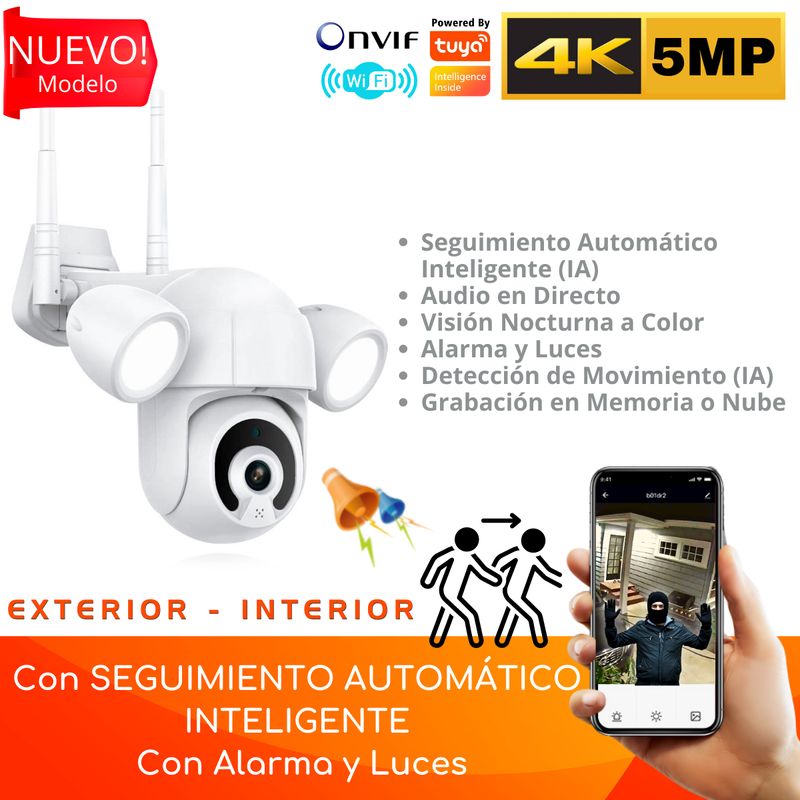 D MOTICA - Cámara Wifi Inteligente 4K 5MP-Motorizada-Luces-Audio-Alarma