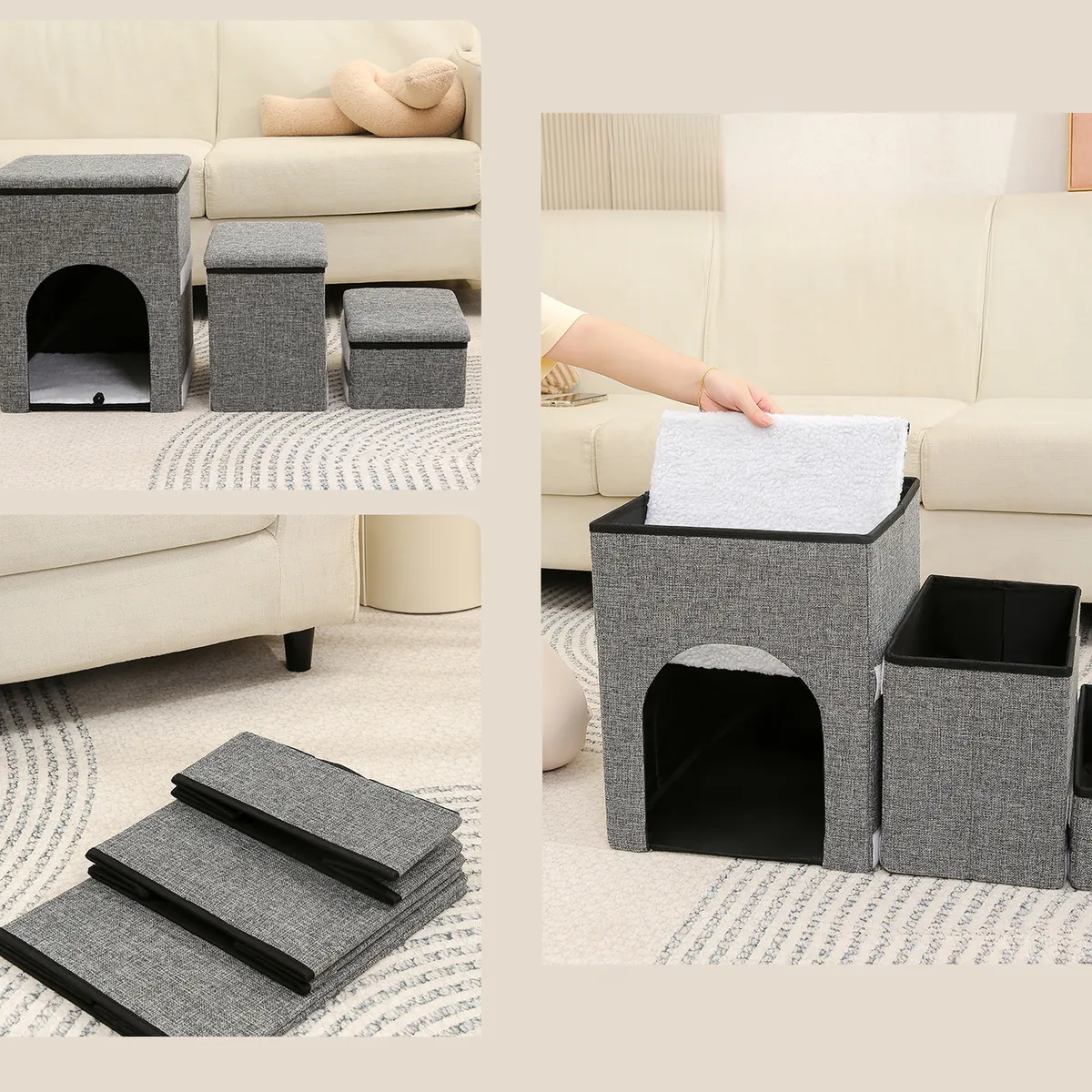 ELEONOR - Cama Escalera 2 En 1 Acolchada Plegable Mascotas - Gris