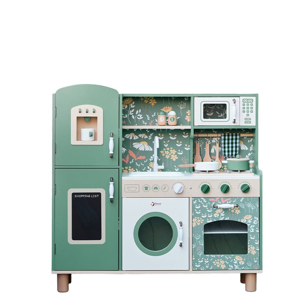 SPACEZAT - Cocina De Juguete Madera Vintage Diseño con Refrigerador/Acc