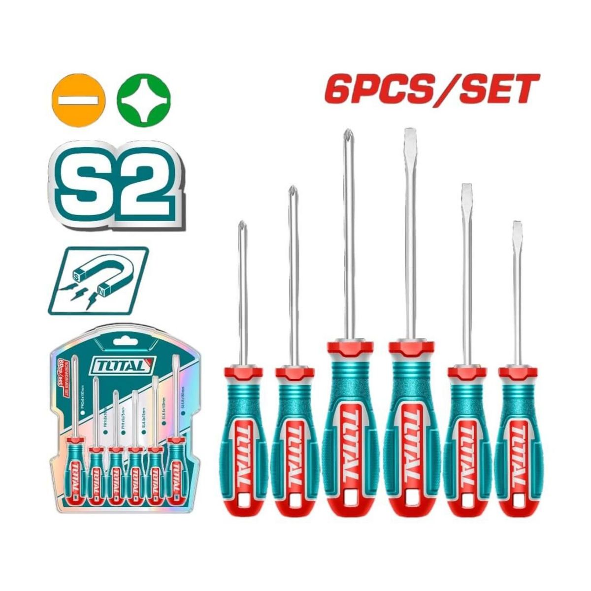 GENERICO - Set 6 Destornilladores Punta Cruz Paleta Mango Ergonomico