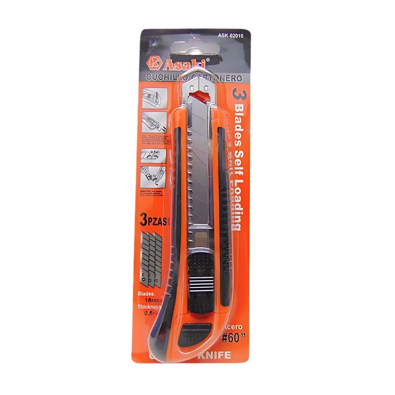 GENERICO - Cuchillo Cartonero Asaki Con 3 Repuestos Trabajo Cartonero