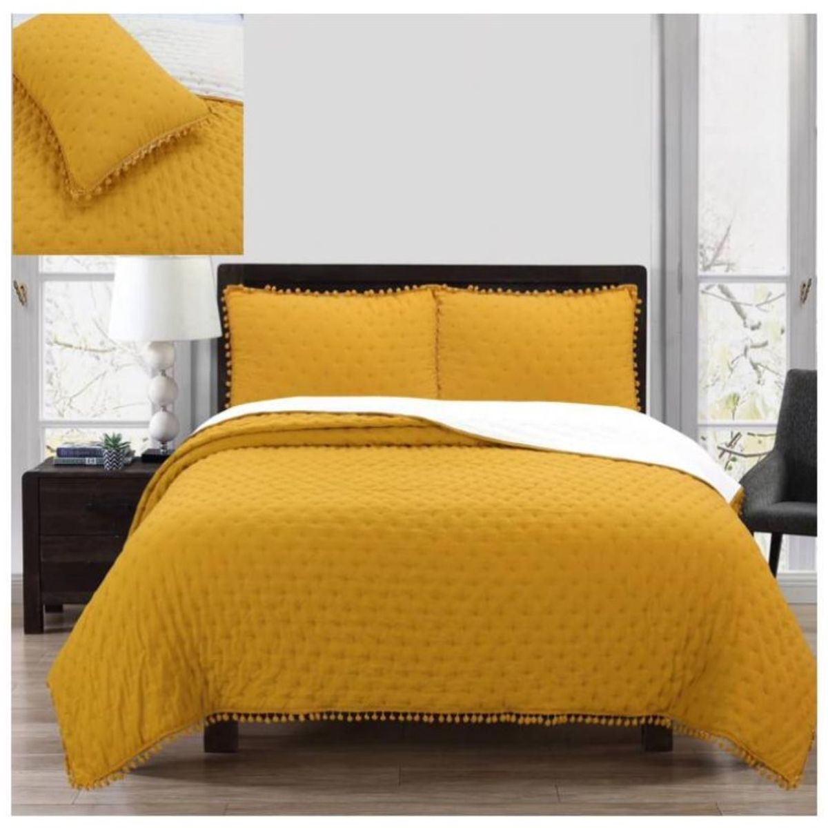 COMPRAPO - Cubrecama Quilt Algodón y Pompones King + 2 Fundas Color Mostaza