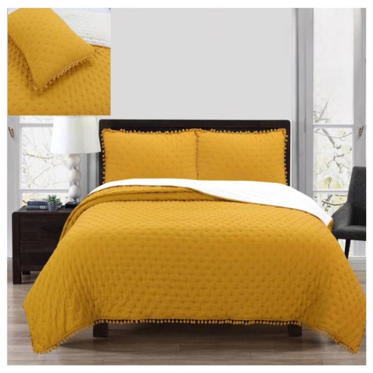 COMPRAPO - Cubrecama Quilt Algodón y Pompones King + 2 Fundas Color Mostaza