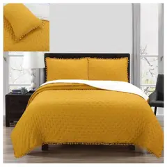 COMPRAPO - Cubrecama Quilt Algodón y Pompones King + 2 Fundas Color Mostaza