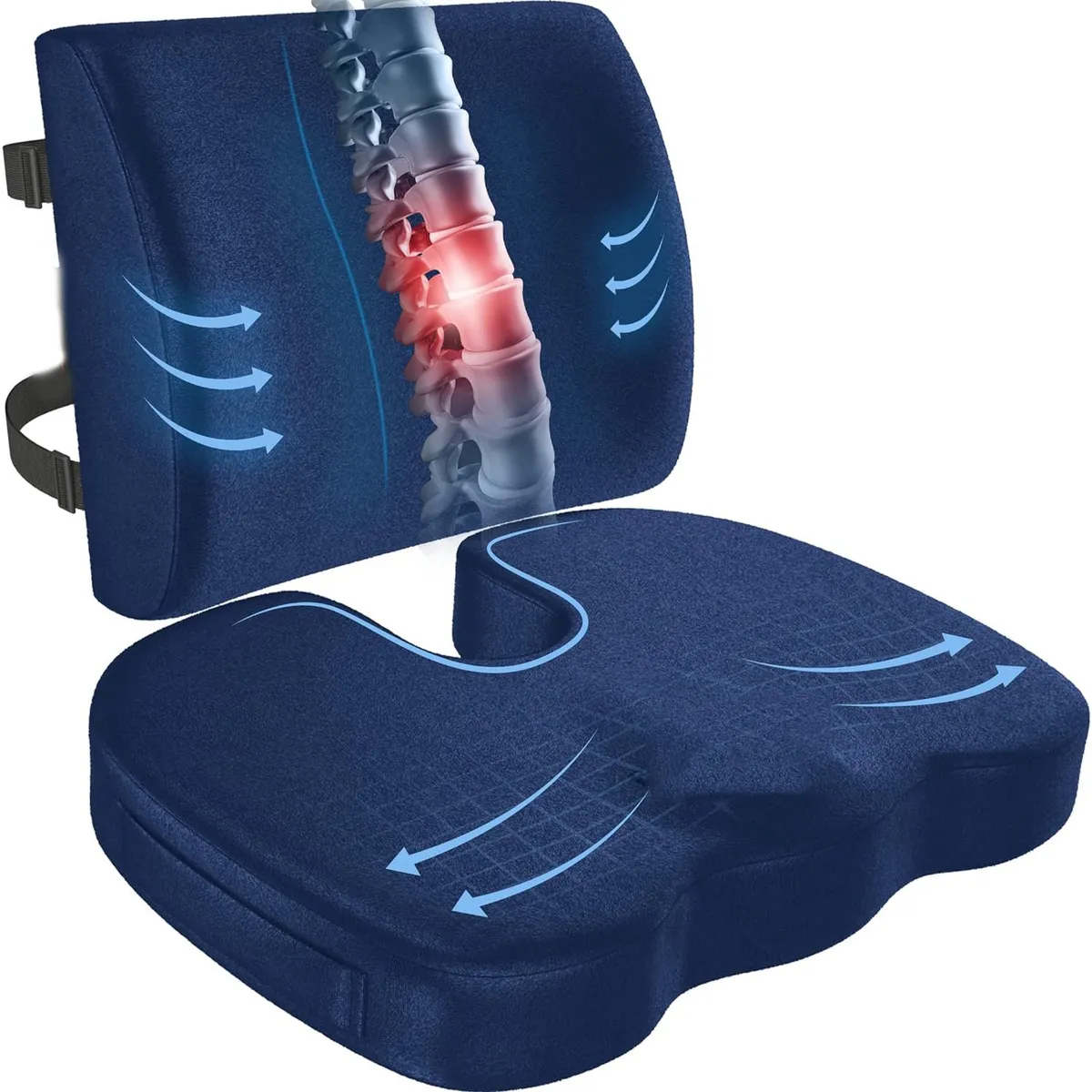 KUANGYE - Cojin Lumbar Y Asiento Para Coxis y Ciatica Lumbar-Azul
