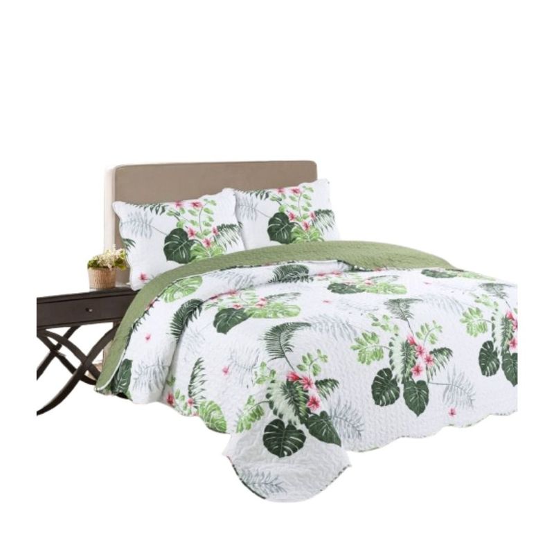 GENERICO - Cubrecama Quilt Verano King - Blanco Verde Hojas A78