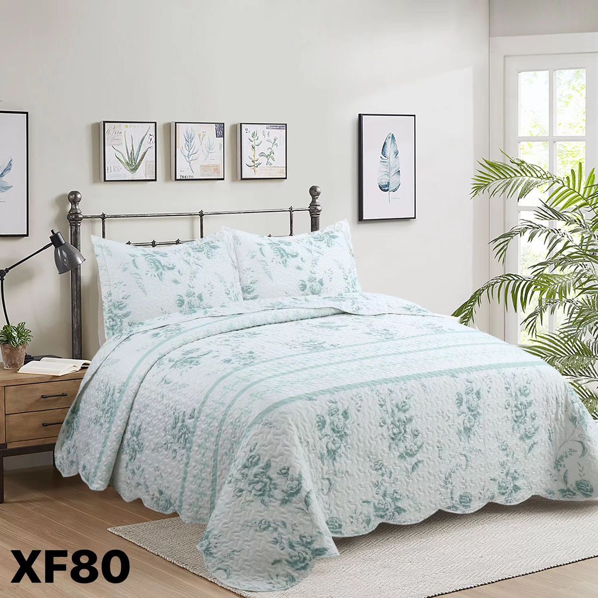 GENERICO - Cubrecama Quilt Verano King - Blanco Verde Agua Flores XF80