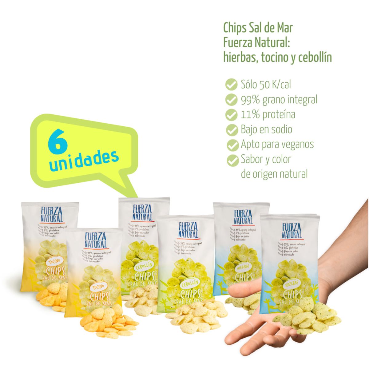 FUERZA NATURAL - Pack 6 Chips Sal de Mar Fuerza Natural Hierbas Tocino Cebollín FUERZA NATURAL