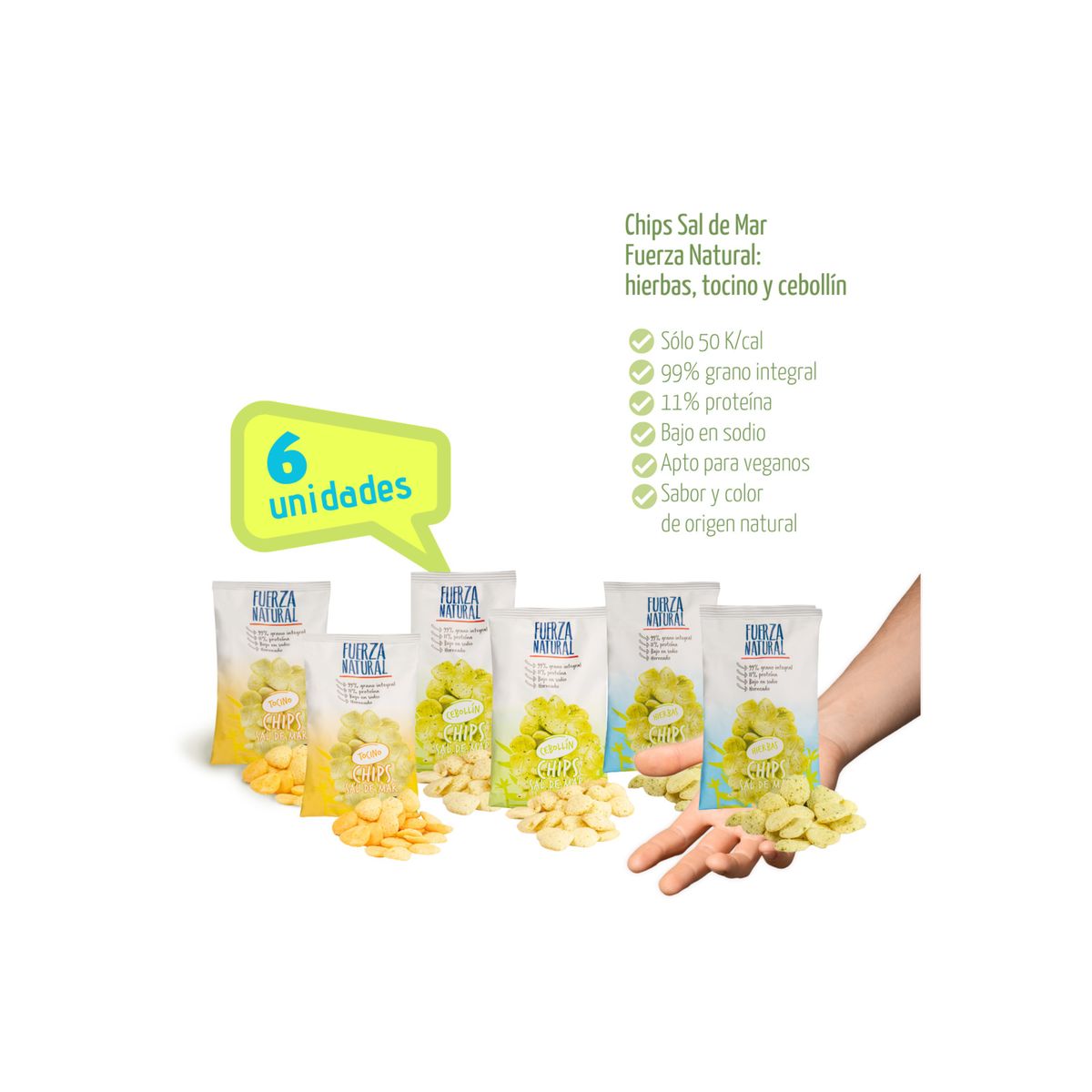 FUERZA NATURAL - Pack 6 Chips Sal de Mar Fuerza Natural Hierbas Tocino Cebollín FUERZA NATURAL
