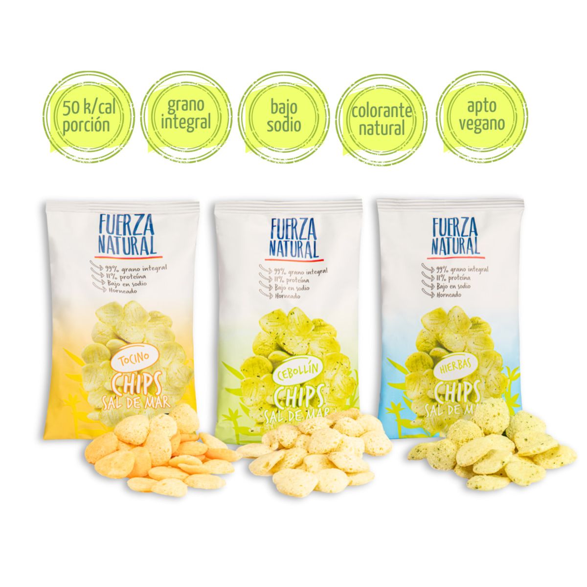 FUERZA NATURAL - Pack 6 Chips Sal de Mar Fuerza Natural Hierbas Tocino Cebollín FUERZA NATURAL