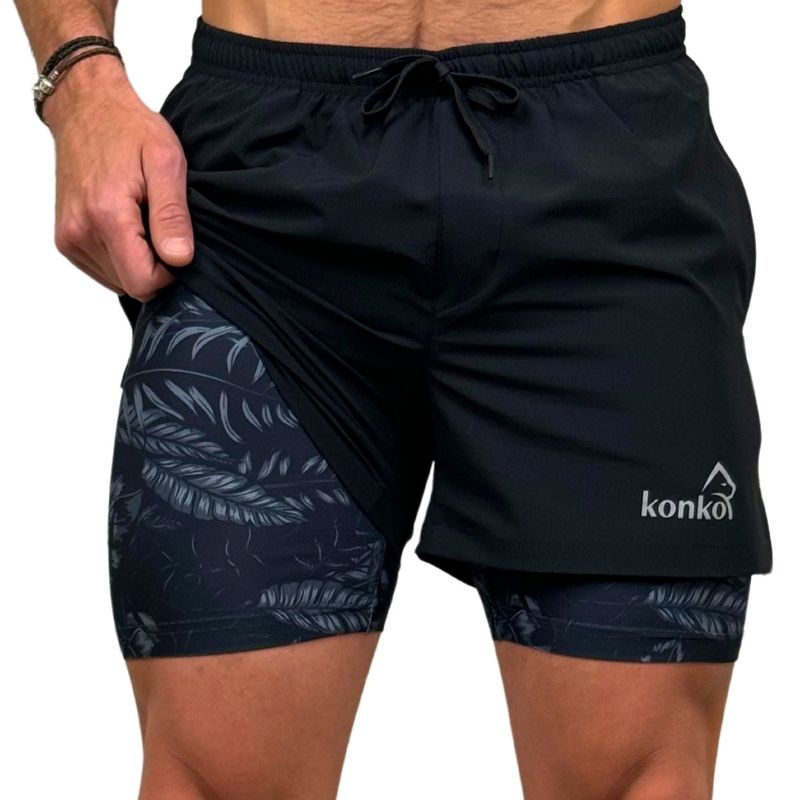 KONKO ACTIVE - Short Deportivo Hombre Con Calza 2 en 1 Negro Black Monstera Konko