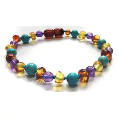 CORAZÓN DE ÁMBAR - Pulsera de ámbar miel coñac amatista y turquesa
