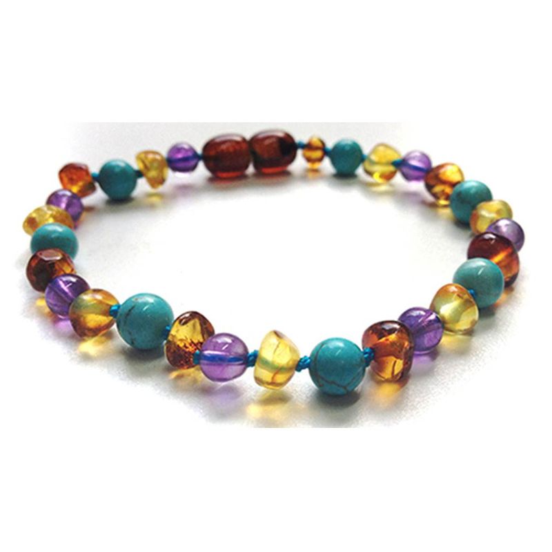 CORAZÓN DE ÁMBAR - Pulsera de ámbar miel coñac amatista y turquesa