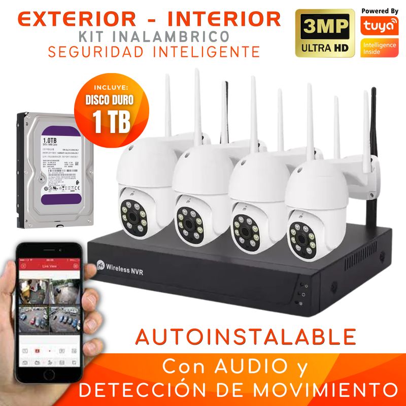 D MOTICA - Kit 4 Cámaras Inalámbrica PTZ Wifi Ultra Hd Con Audio y Alarma-Disco Duro 1tb