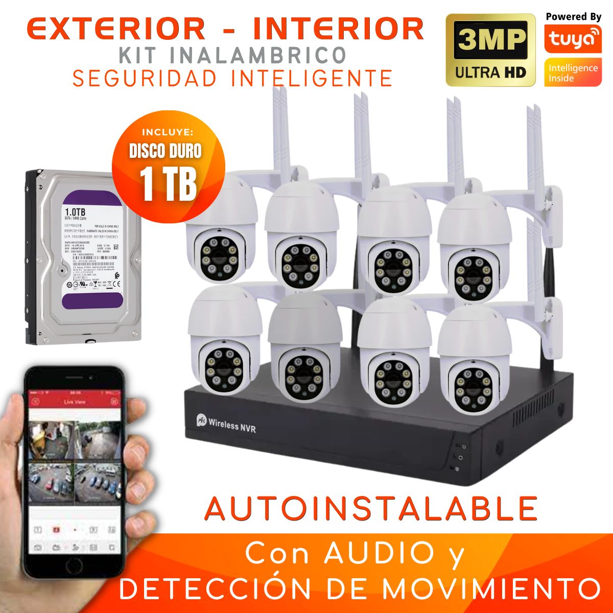 D MOTICA - Kit 8 Cámaras Inalámbrica PTZ Wifi Ultra Hd Con Audio y Alarma-Disco Duro 1tb