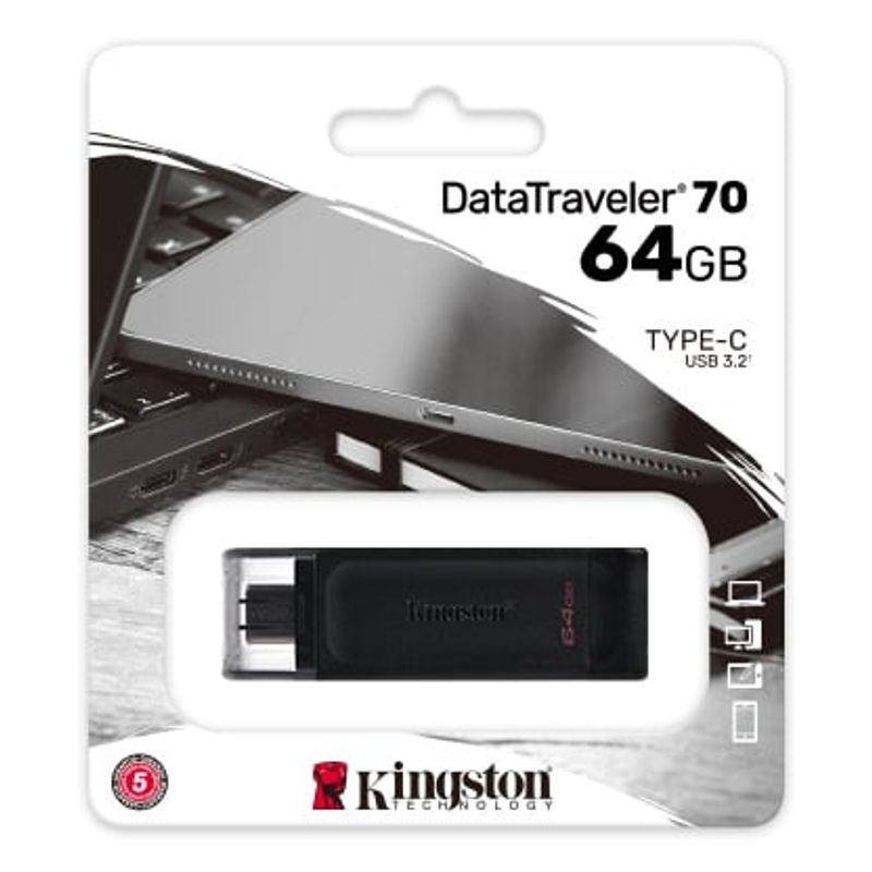 KINGSTON - Unidad flash USB 3.2 Gen 1 tipo C DataTraveler 70 de 64 GB de Kingston