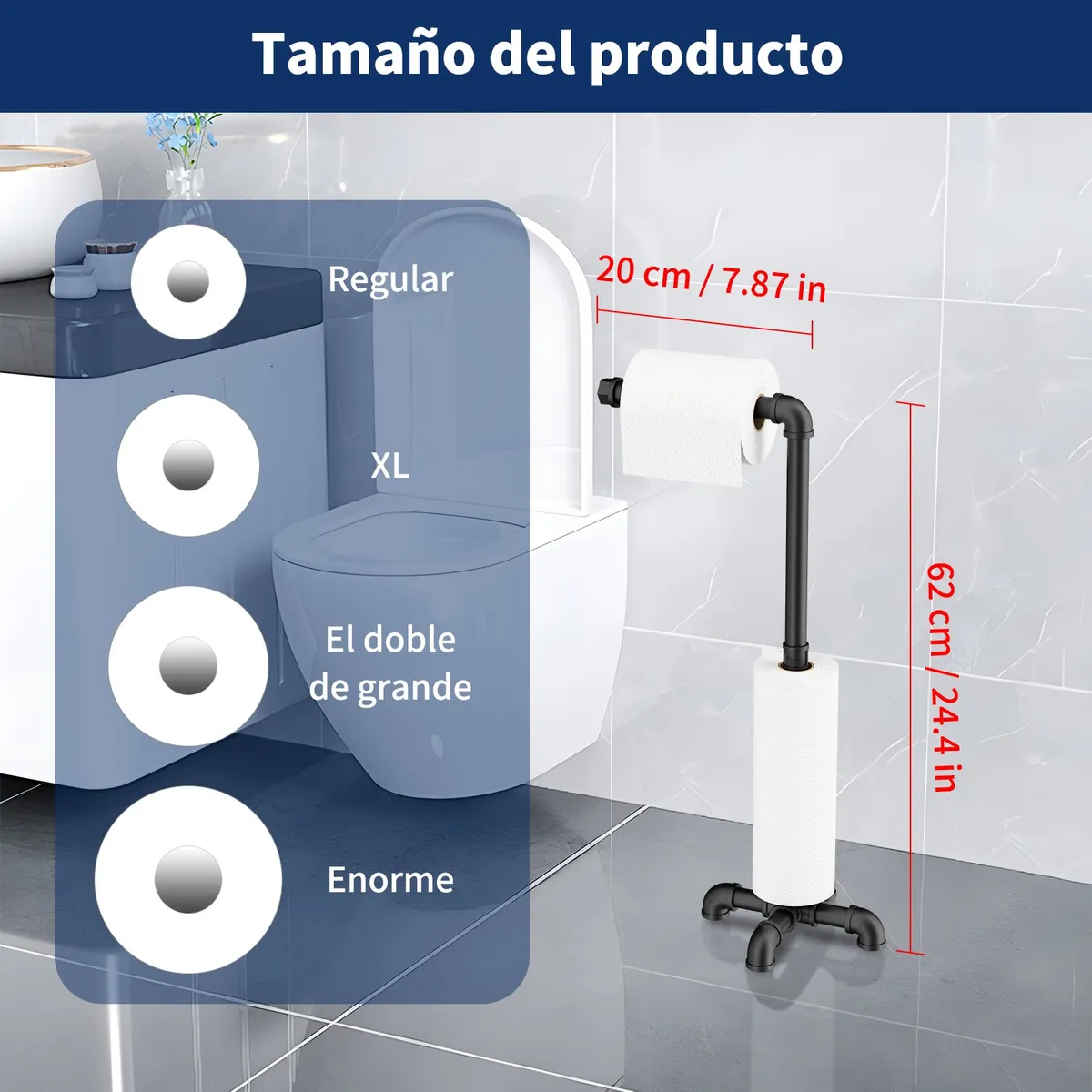 HALMAN - Porta Confort de Pie Baño Metal Negro Industrial Sin Taladro