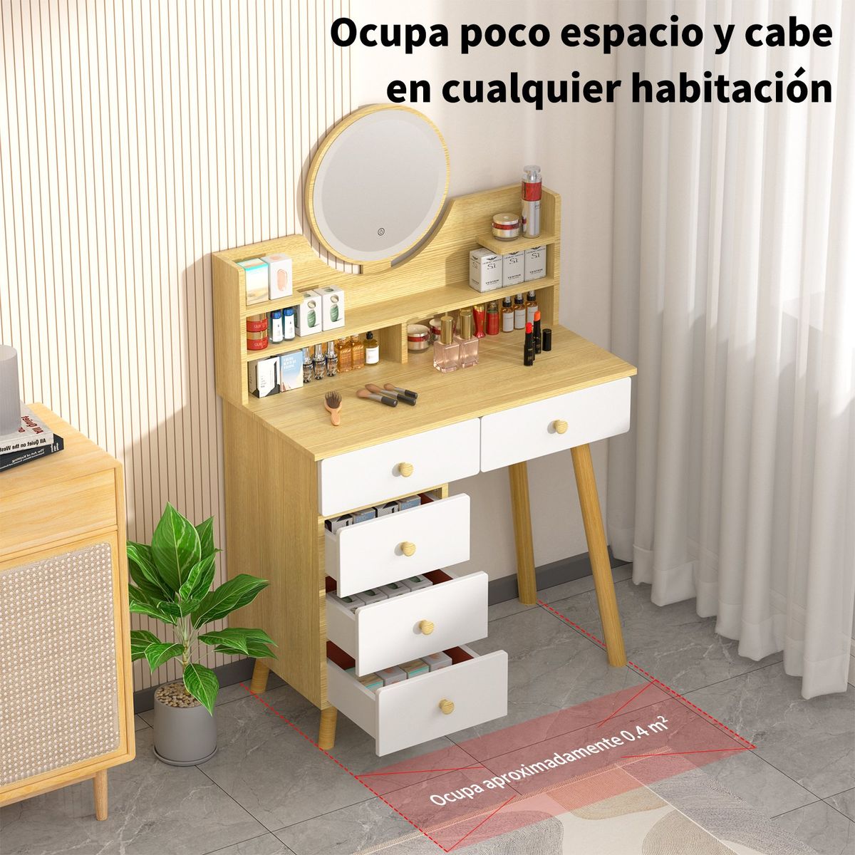 HALMAN - Tocador con Espejo LED Cajones y Gabinete Expansible