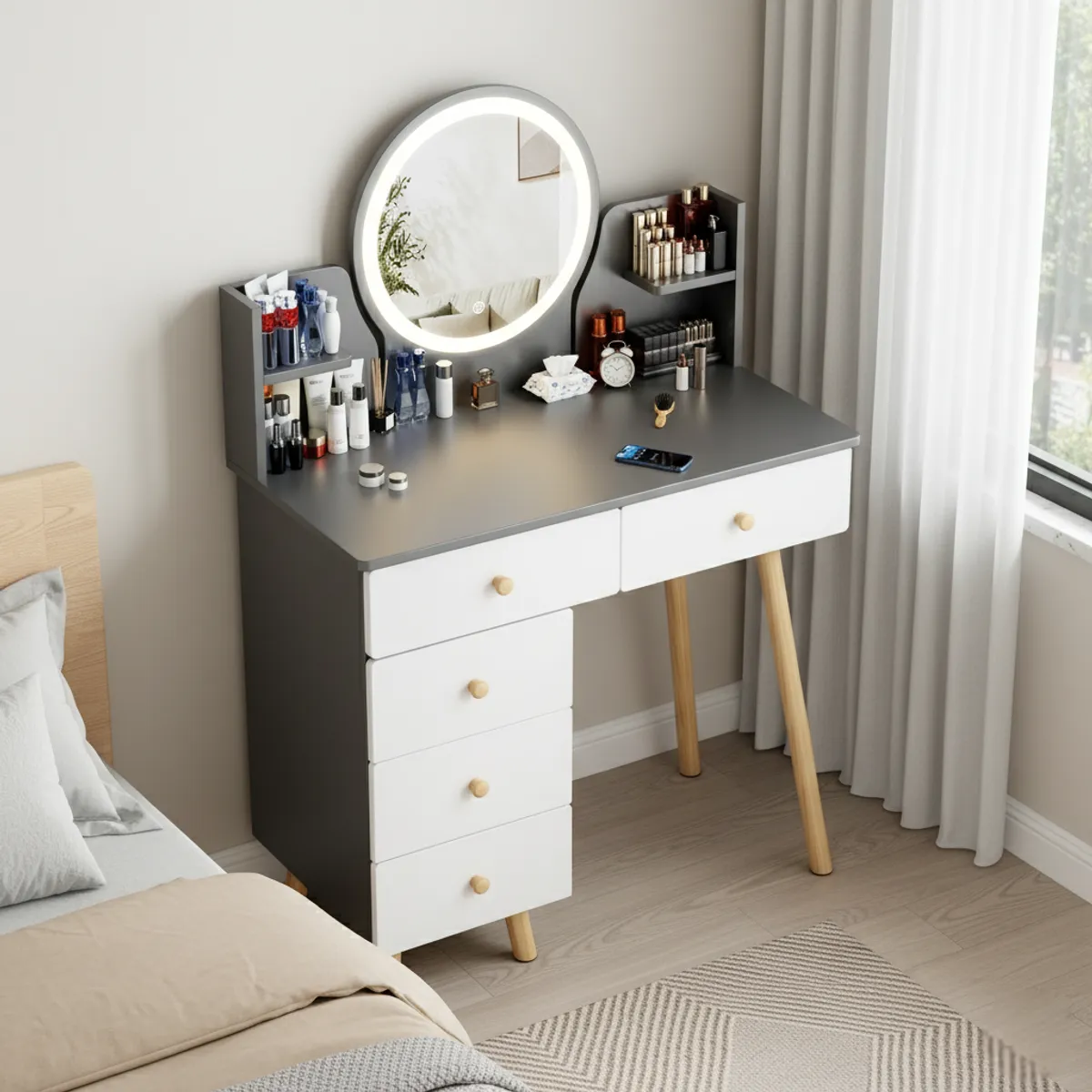 HALMAN - Tocador de madera con espejo y luz 134x40x80cm