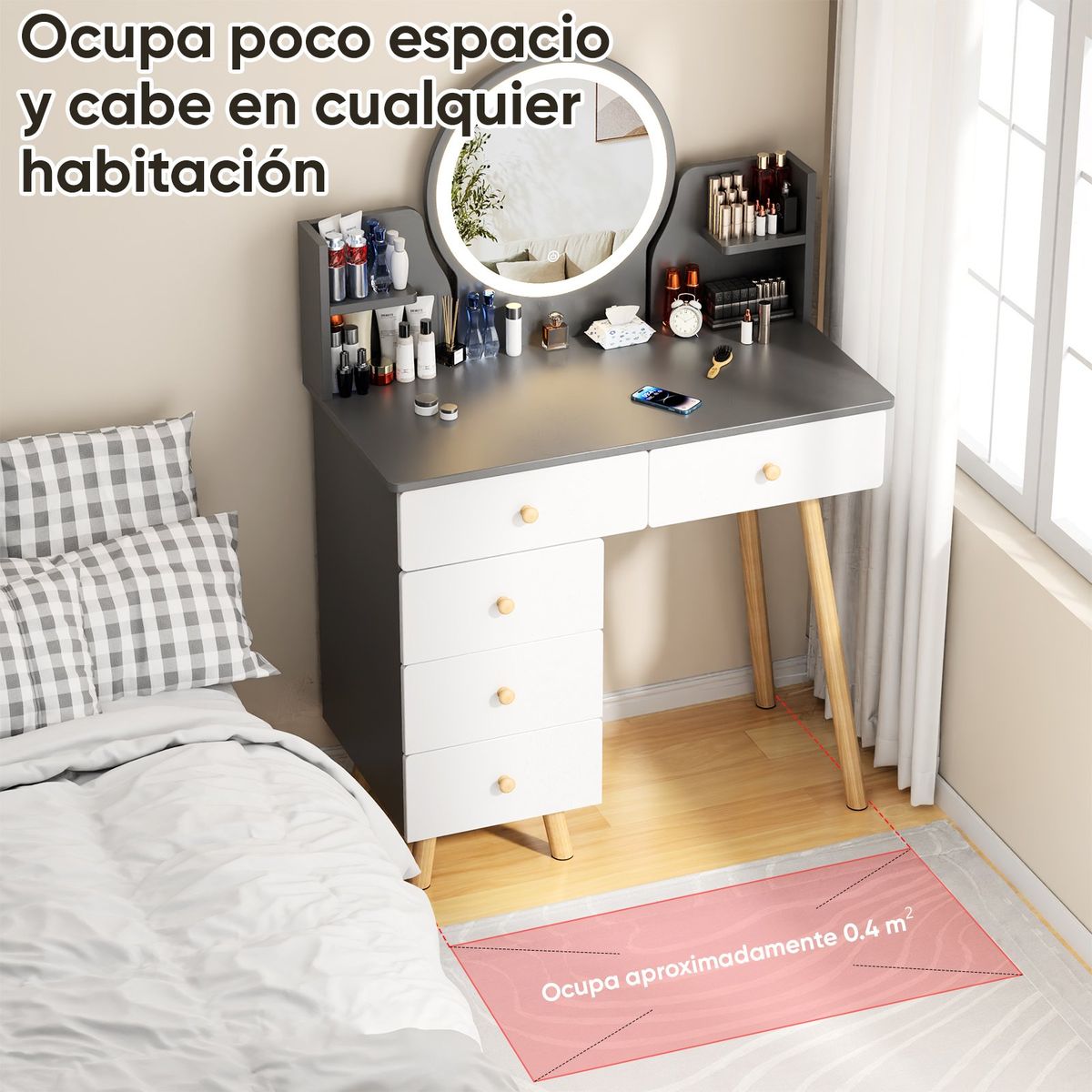 HALMAN - Tocador de madera con espejo y luz 134x40x80cm