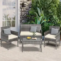 REBONEC - Juego De Terraza 4 Piezas De Ratan Pe Gris Con Cojines