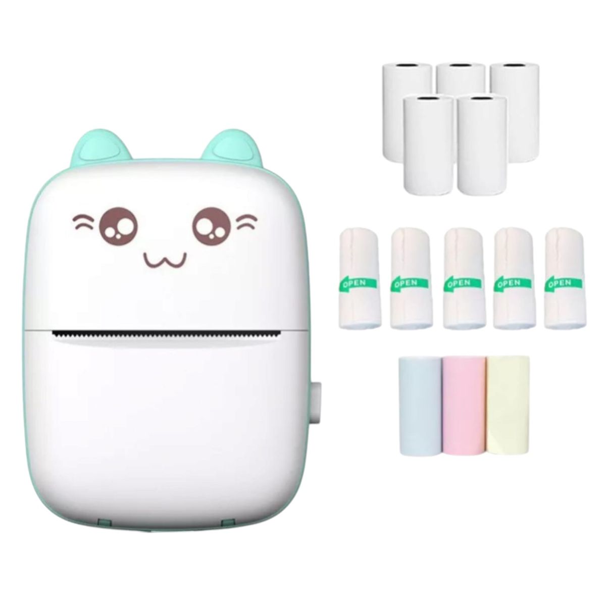 GENERICO - Mini Impresora Térmica Portátil Bluetooth Gatito con Rollos Celeste