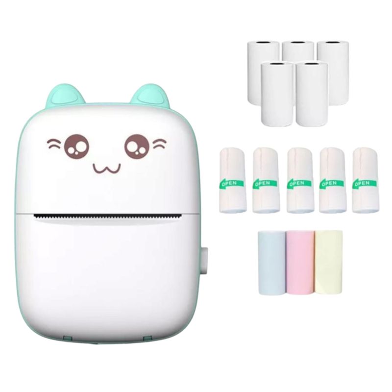 GENERICO - Mini Impresora Térmica Portátil Bluetooth Gatito con Rollos Celeste