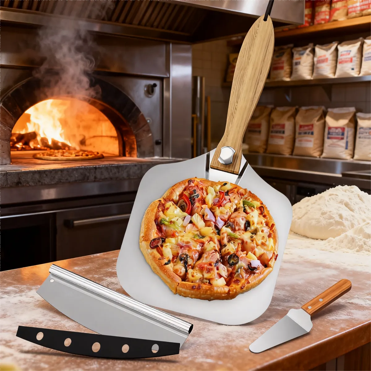 AIZO - Set Pala Pizza plegable Cortador Mango Madera Acero Inox AIZO